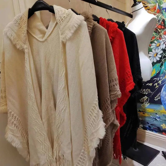 Wedding Party Cloak Hooded Knitted Shawl Bohemian Winter Warm Ladies Tassel Cape Oblique Stripe Wraps Scarf Coat