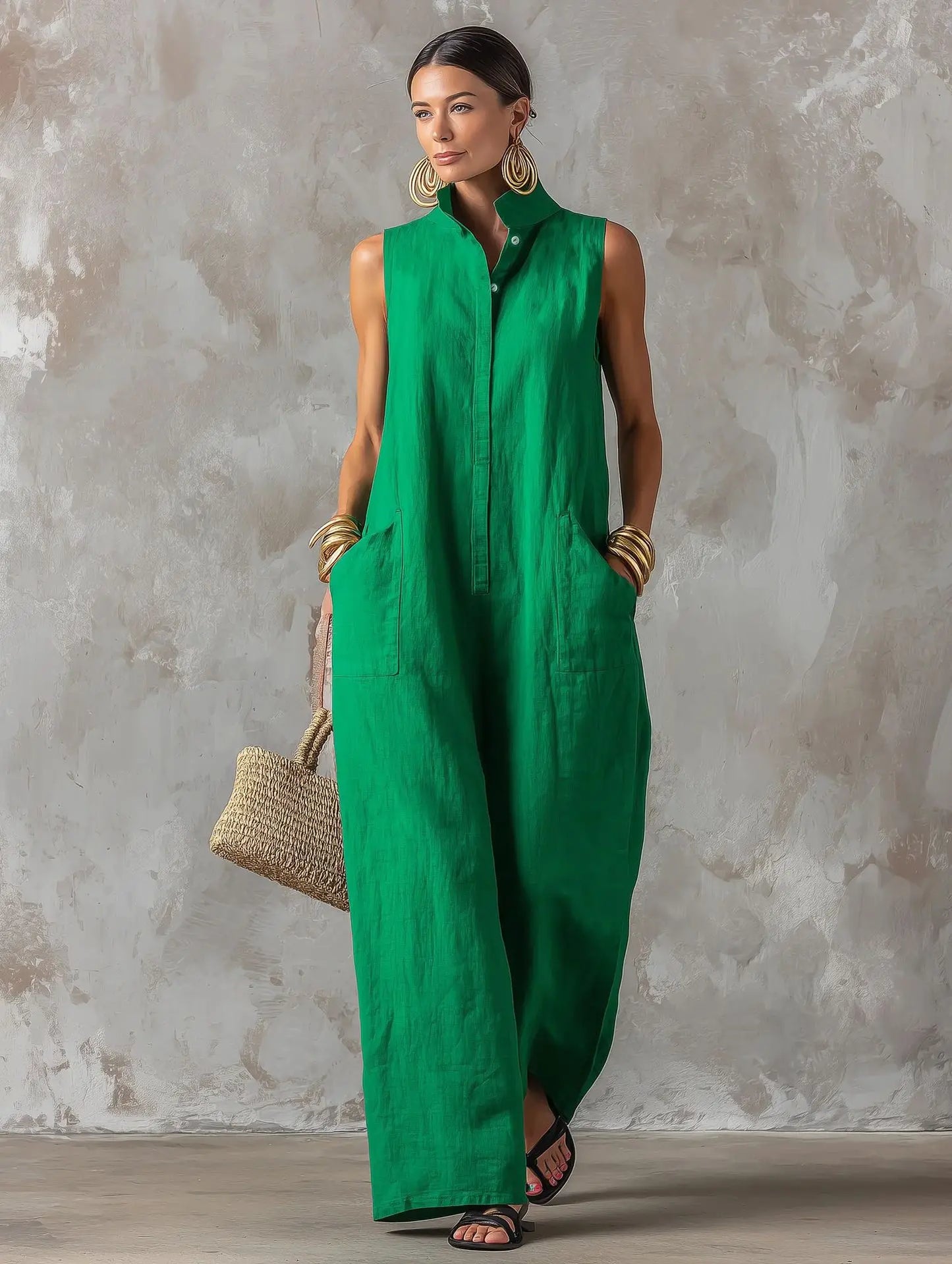 Elegant Women's Sleeveless Linen Blend Jumpsuit Button Down Collared Romper Casual Loose Summer Beach Vacation Boho Jumpsuits