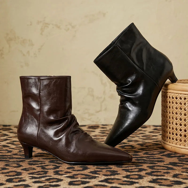AIYUQI 2026 Women Pointed Toe Ankle Boots Vintage Ruched Kitten Heel Short Boots Elegant Slip On Dress Booties for Daily Party