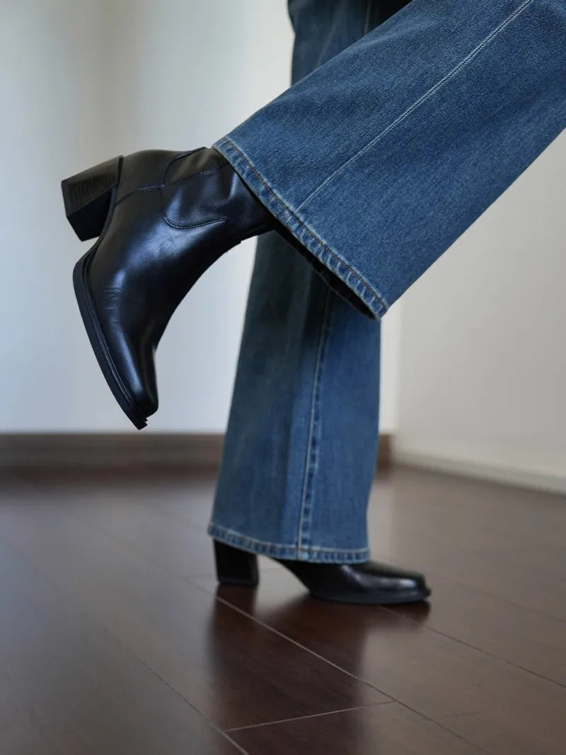 Elegant Office Ladies Chunky Heels Genuine Leather Short Boots Square Toe New Designer Shoes Women Vintage Cowhide Ankle Boots