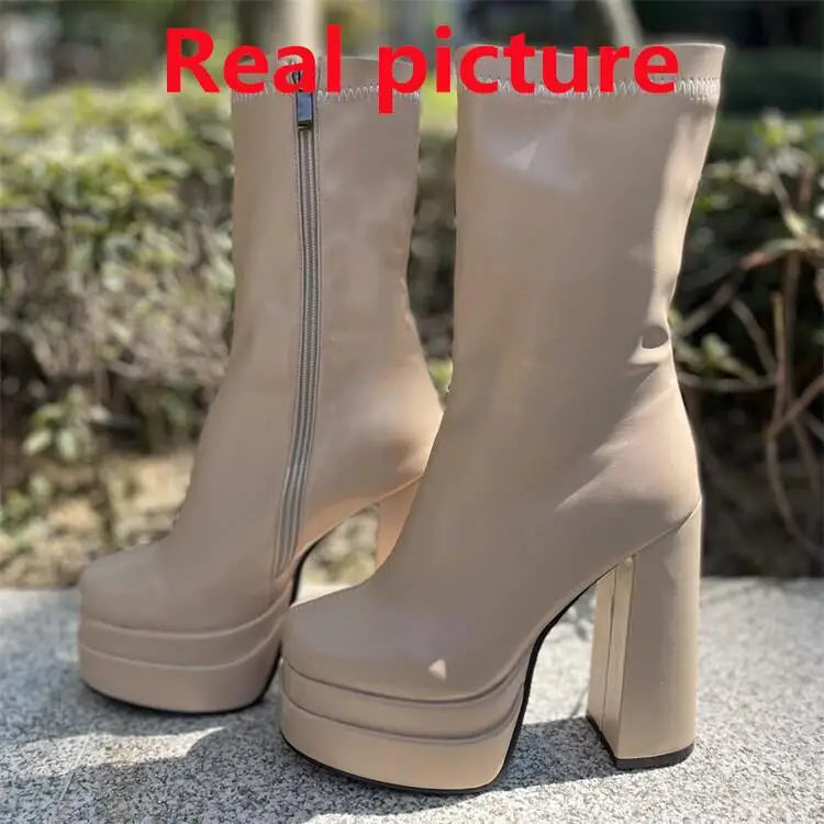 Foreign Trade Women's Shoes Fashion Super High Heels Platform Short Boots New Chunky Heel Mid-calf Boots Casual Ankle Boots CD