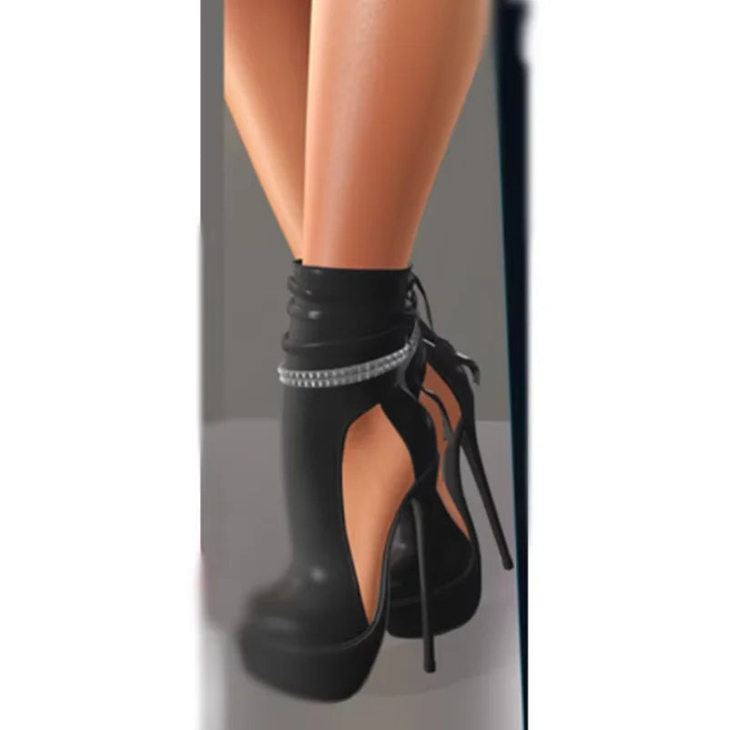 Black Chain Platform Sandals Thin High Heel Pointed Toe Fashion Sexy Cool 2025 Summer Big Size Woman Shoes Zapatillas Mujer