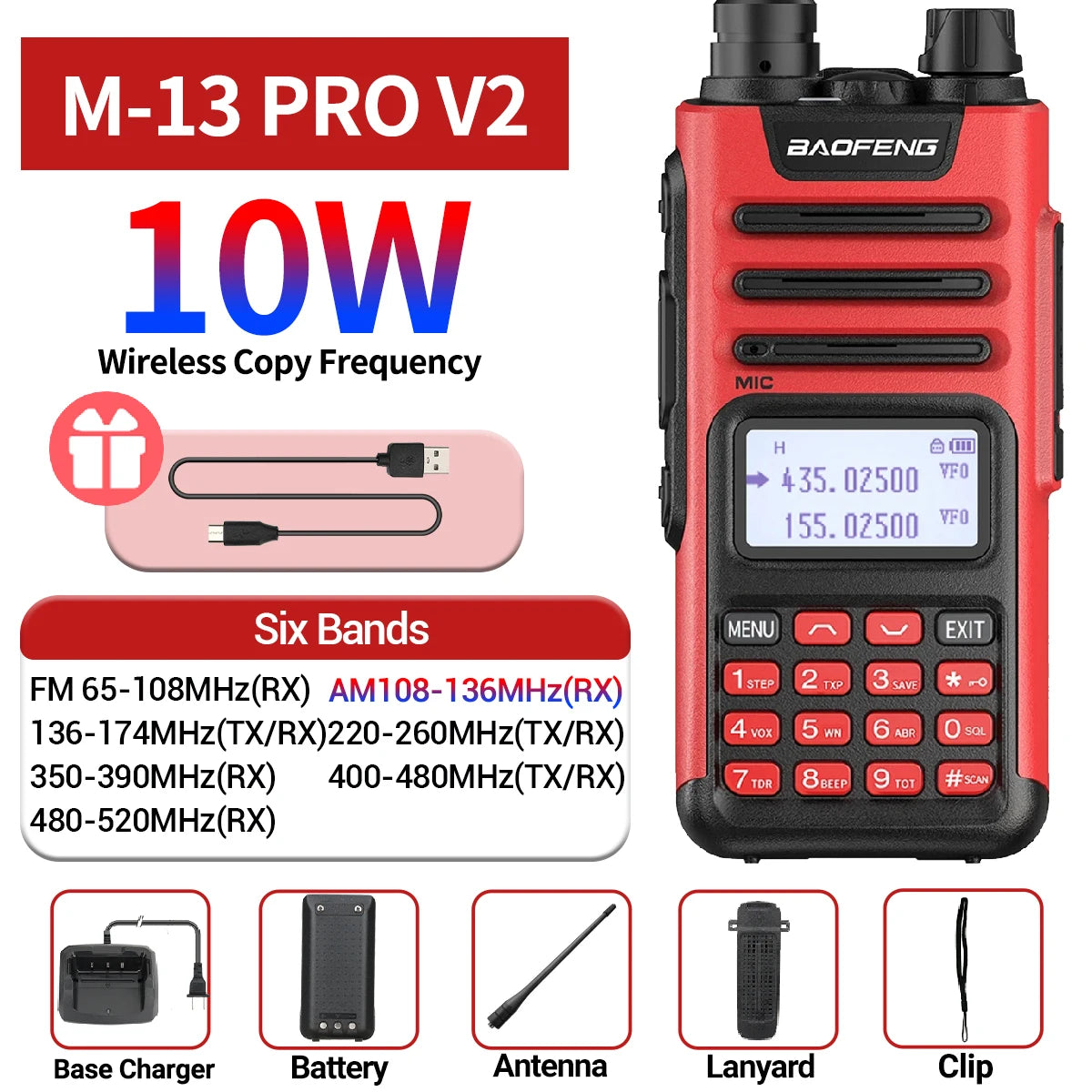 Baofeng M-13 Pro V2 Air Band Walkie Talkie Long Range Wireless Copy Frequency Multi Band NOAA Type-C AM Two Way Radio