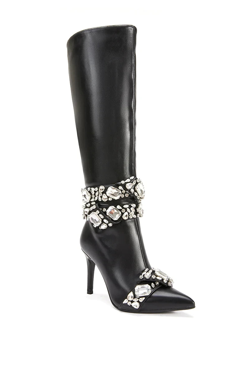 2025 Women's New Pointed Gold Crystal Buckle High Heel Slim Fit Boots Straight Tube Diamond Decoration Knee Long Boots 44