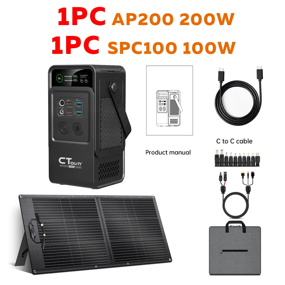 CTOLITY AP200 Portable Power Bank 192Wh 200W LiFePO4 Battery with SPC100 100W ETFE 20.5V Flexible Solar Panel Camping Travel RV