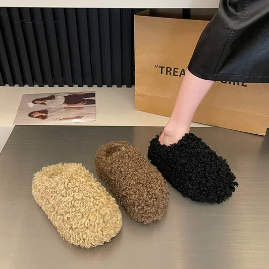 Thick Heel Luxury Lambwool Mules Winter Shoes Woman Flip Flops Flat Cover Toe Slides Ins Warm Curly Lamb Fur Slippers Women