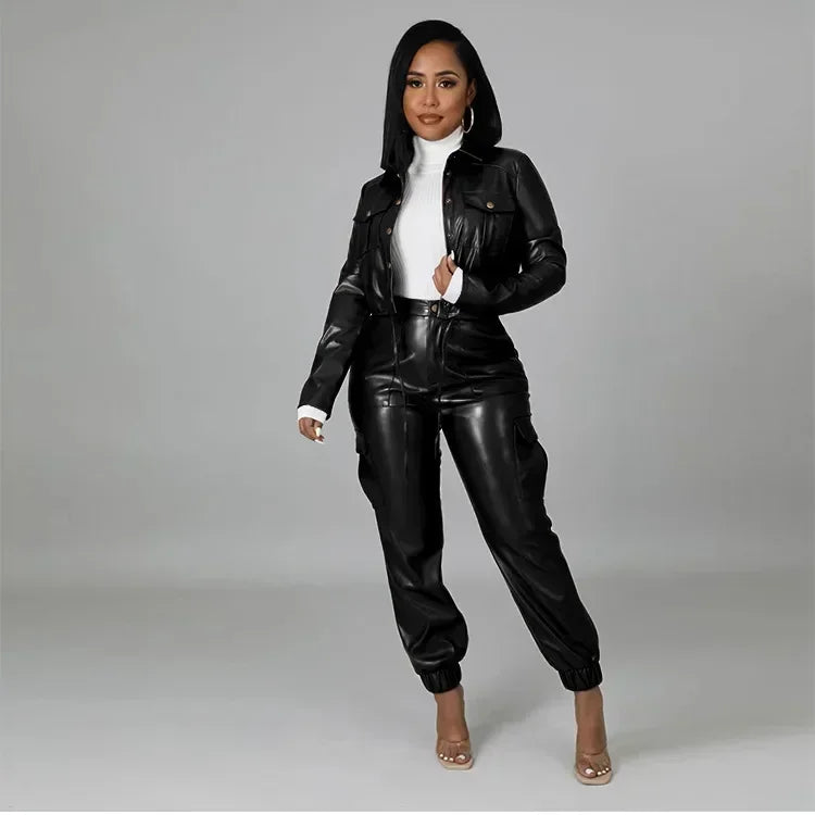 Women Jacket Sets 2 Piece Long Sleeved Slim PU Leather Gripped Pants Set Solid Zipper Fly Pencil Pants Slim Fit High Street Suit