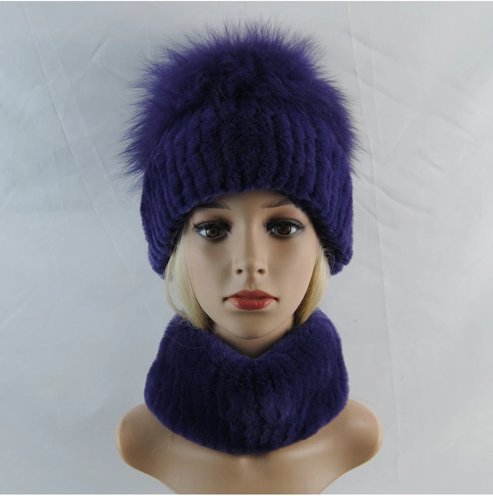 New Winter Lady Brand Hand Make Real Genuine Fox Fur Hat Scarf Girls Natural Real Rex Rabbit Fur Ring Cap Real Fur Scarves Hats