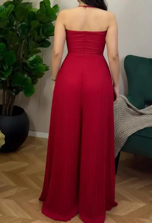 Jumpsuit Women 2026 New Spring Fashion Sparkling Rhinestone 3D Flower Decor Halter Elegant High Waist Wide Leg Pleated Romper