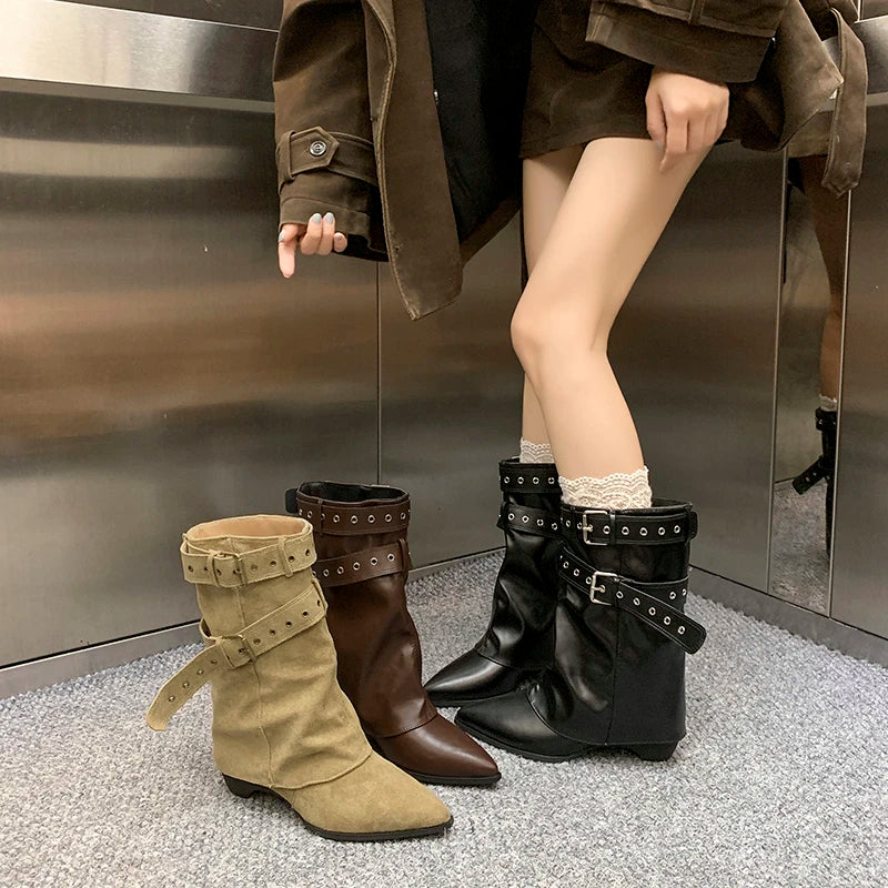 2025 Pointed Toe Women's Winter Boots Designer Mid Heels Elegant Shoes Pumps Fashion Boots New Trend Dress Gothic Ladies Boots