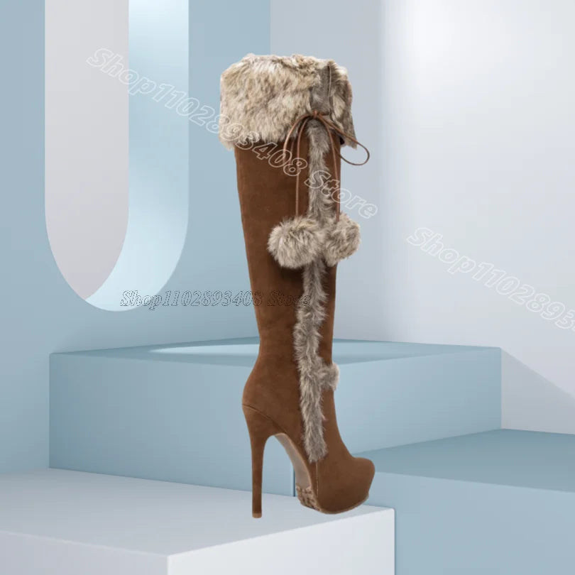 Brown Fur Decor Platform Boots Round Toe Thin High Heels British Style Winter Design Women Party Dress Boots Zapatos Para Mujere