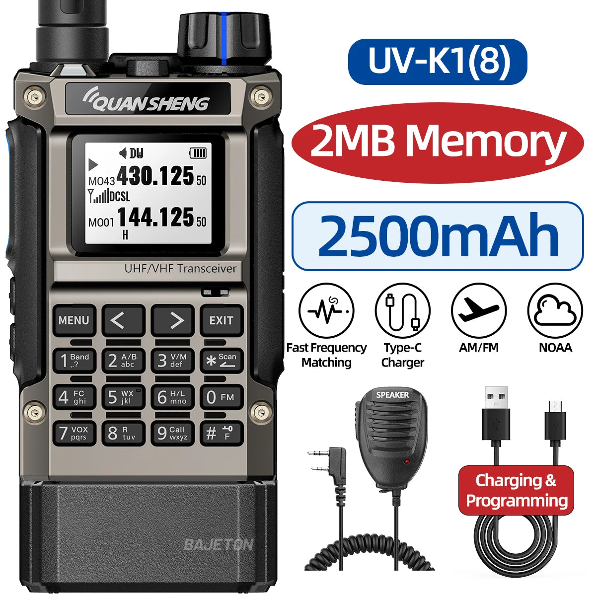 Quansheng UV-K1(8) Multi-Band Walkie Talkie 2MB Flash Wireless Copy Frequency Long Range Type-C Charger for Quansheng UVK5 K6