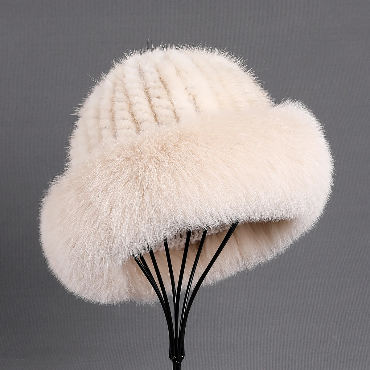 Women's Winter Warm Genuine Premuim Mink Fur Knitted Bucket Hat Furry Real Fur Caps Big Fox Fur Trim Brim Adjustable