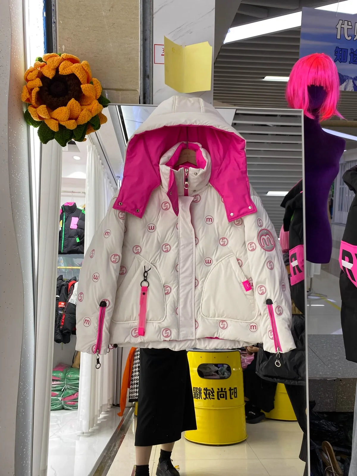 Bright Printed Down Jacket Fashion Hooded Color Block Short Jackets Winter Wash Free Loose Thick 90 White Duck Puffer Coat Women