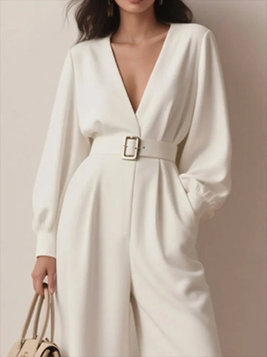 Yeezzi Women's Fashion Hollow Pu Leather Belted Deep V-Neck Jumpsuits Long Sleeves Solid Color Urban Ladies Business Overalls