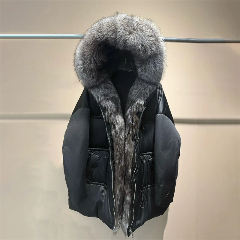 Winter New Arrival Women's Long down Jacket withLargeFox Fur Collar Fashionable Waist-Cinching Drawstring Loose Goose down Coat