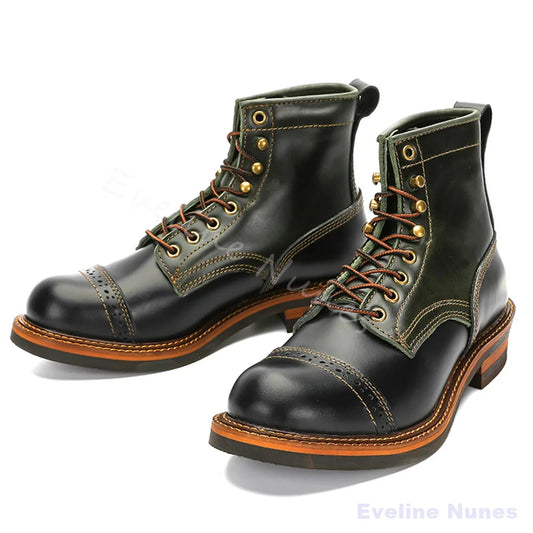 Brogue Cap‑Toe Non‑Slip Combat Boots Men Genuine Leather Lace‑Up Motorcycle Boots Casual Thick Outdoor Daily Retro Work Boots