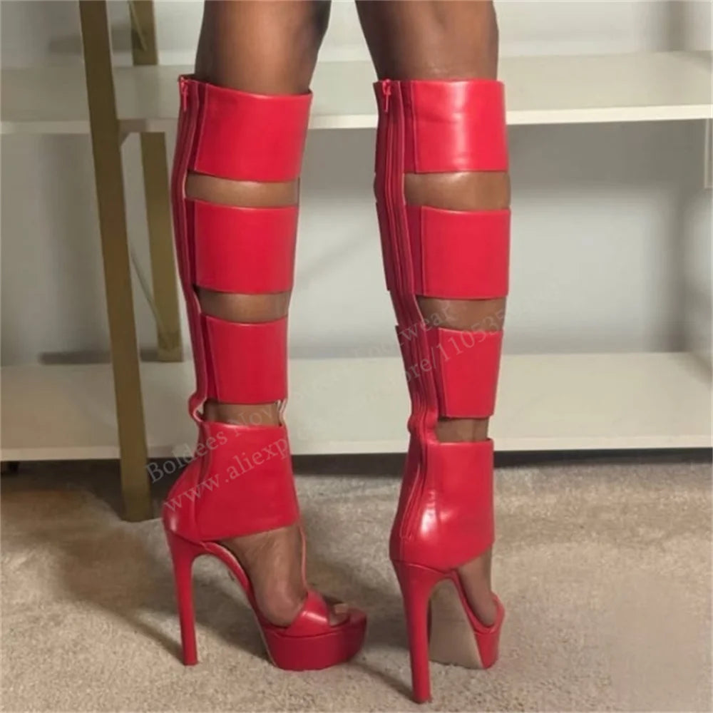 Pink Black Hollow Out Summer New Knee High Boot Women Round Toe Stiletto Heel Platform Back Zipper Elegant Party Dress Sandals
