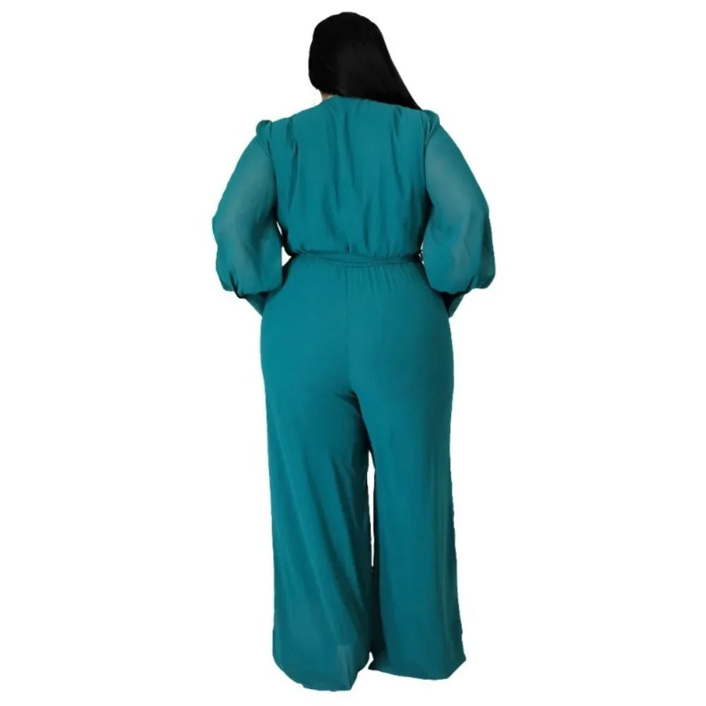 OverSize Womens Loose Solid V Neck Jumpsuit Straight Leg Design Adjustable Tie Waist Belt Elegant Casual And Work Outfit