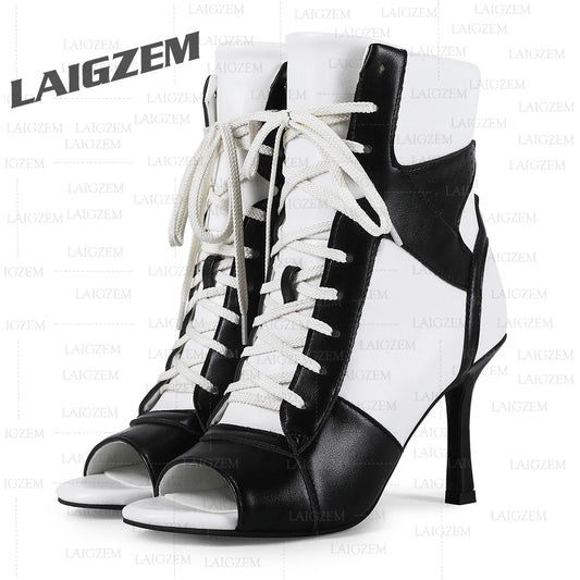 LAIGZEM Women Ankle Boots Patchwork Peep Toe Thin High Heels Boots Lace up Short Boos Ladies Handmade Shoes Woman Size 39 41 43