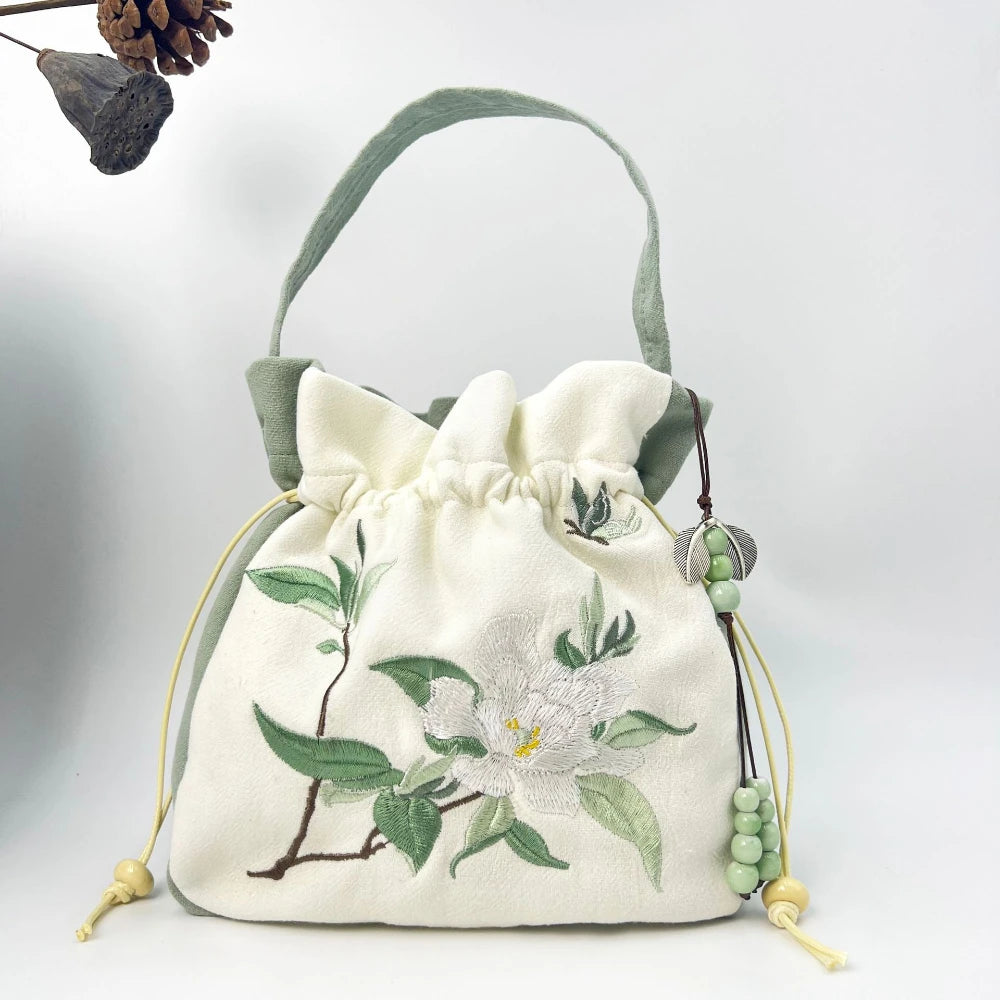 Chinese Style Retro Flower Embroidery Crossbody Top-handle Bags Women Shoulder Lace Drawstring Bucket Bag Coin Purses Handbags