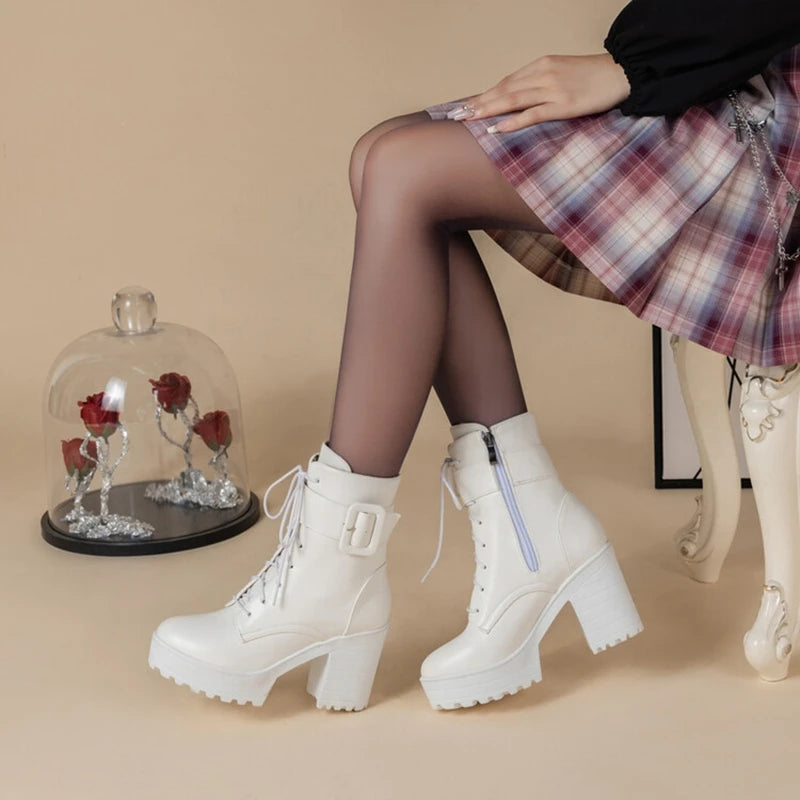 SIMLOVEYO Mortorcycle Ankle Boots Buckles Round Toe 9cm Block Heel Lace Up White Black Big Size 42 43 US12 Fashion