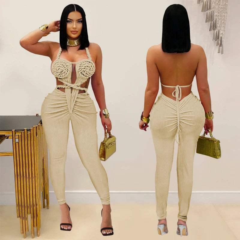 Trenty Sexy Women Halter Neck Knit Ribbed Ruched Stacked Jumpsuits Summer Vacation Beach Romper Playsuit One Piece Set Outfits