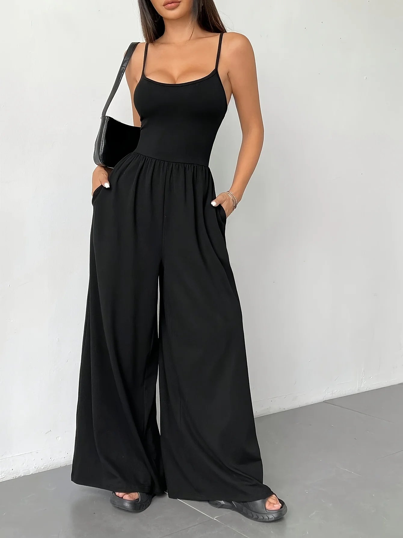 Black High Waist Spaghetti Strap Wide Leg Jumpsuit