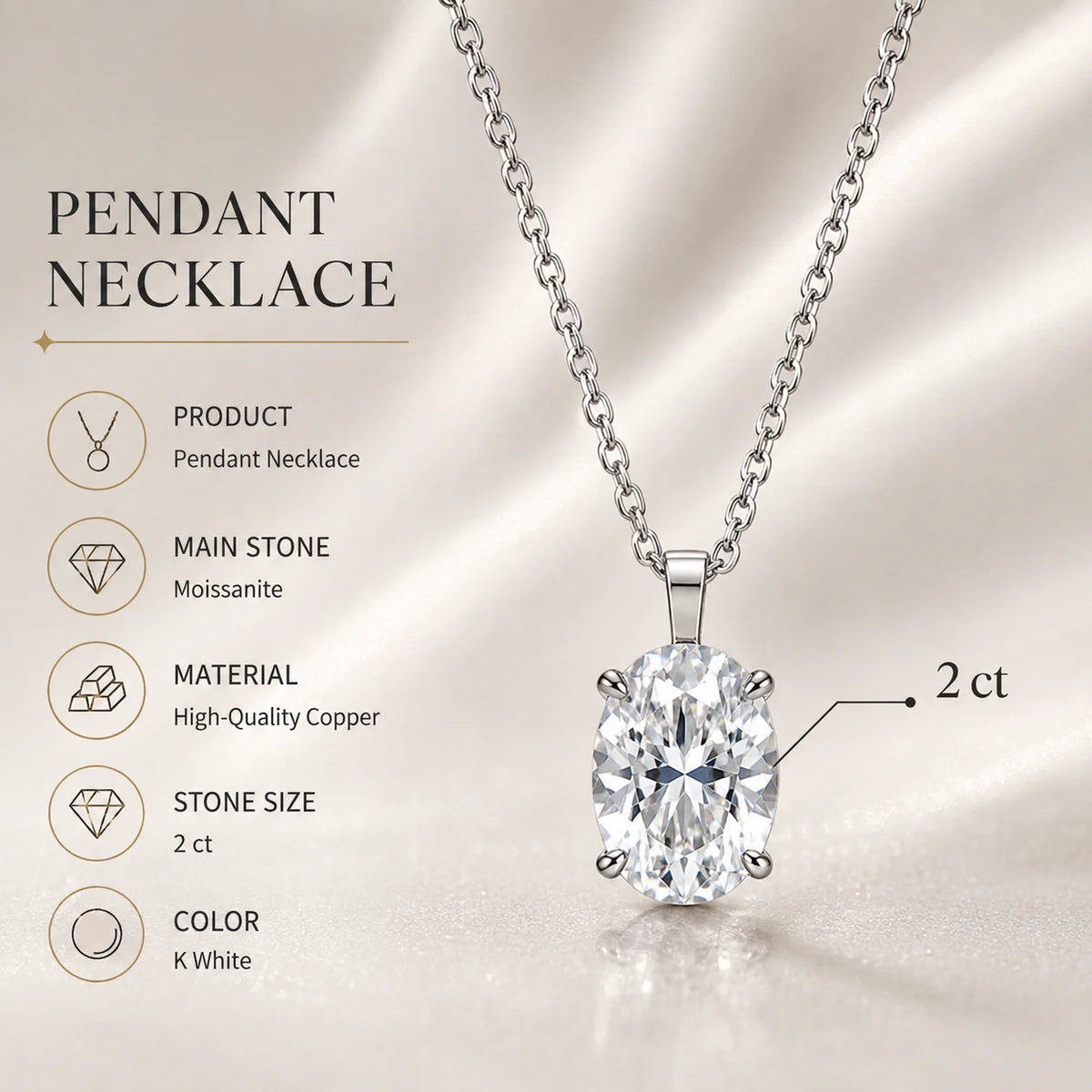 2CT Oval Moissanite Pendant Necklace GRA Certificate Plated Copper Solitaire Necklace Gift for Women