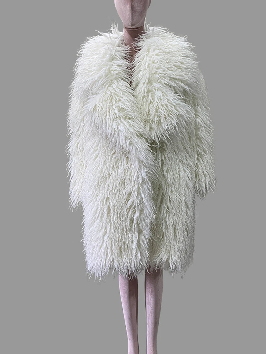 Lautaro Autumn Winter Long Oversized White Thick Warm Hairy Shaggy Fuzzy Faux Mongolian Fur Coat Women Pink Fluffy Overcoat