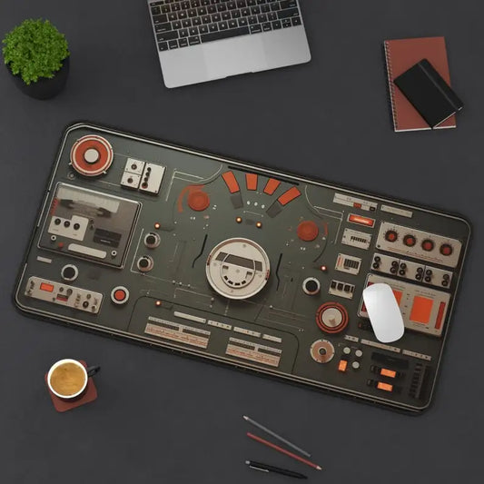Retro Spaceship Control Panel Deskmat XXL Mousepad,Non-Slip Sci-Fi Gaming Mouse Pads, Vintage Orange and Grey Desktop Decoration