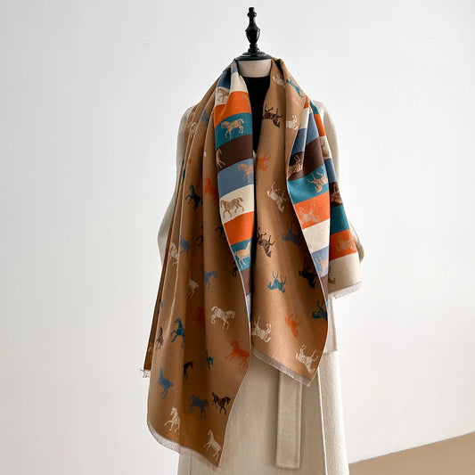 Latest Design Elegance Horse Print Scarve Pashmina Soft Warm Fringe Pashmina Shawl Winter Coldproof Windproof Blanket Scraf
