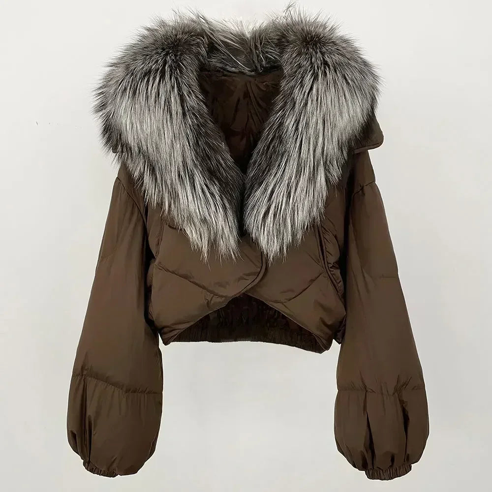 Winter Female White Duck Down Jacket Luxury Loose Short Fashion Casual Women Warm Real Fox Fur Coat Long Sleeve Puffer Jacket