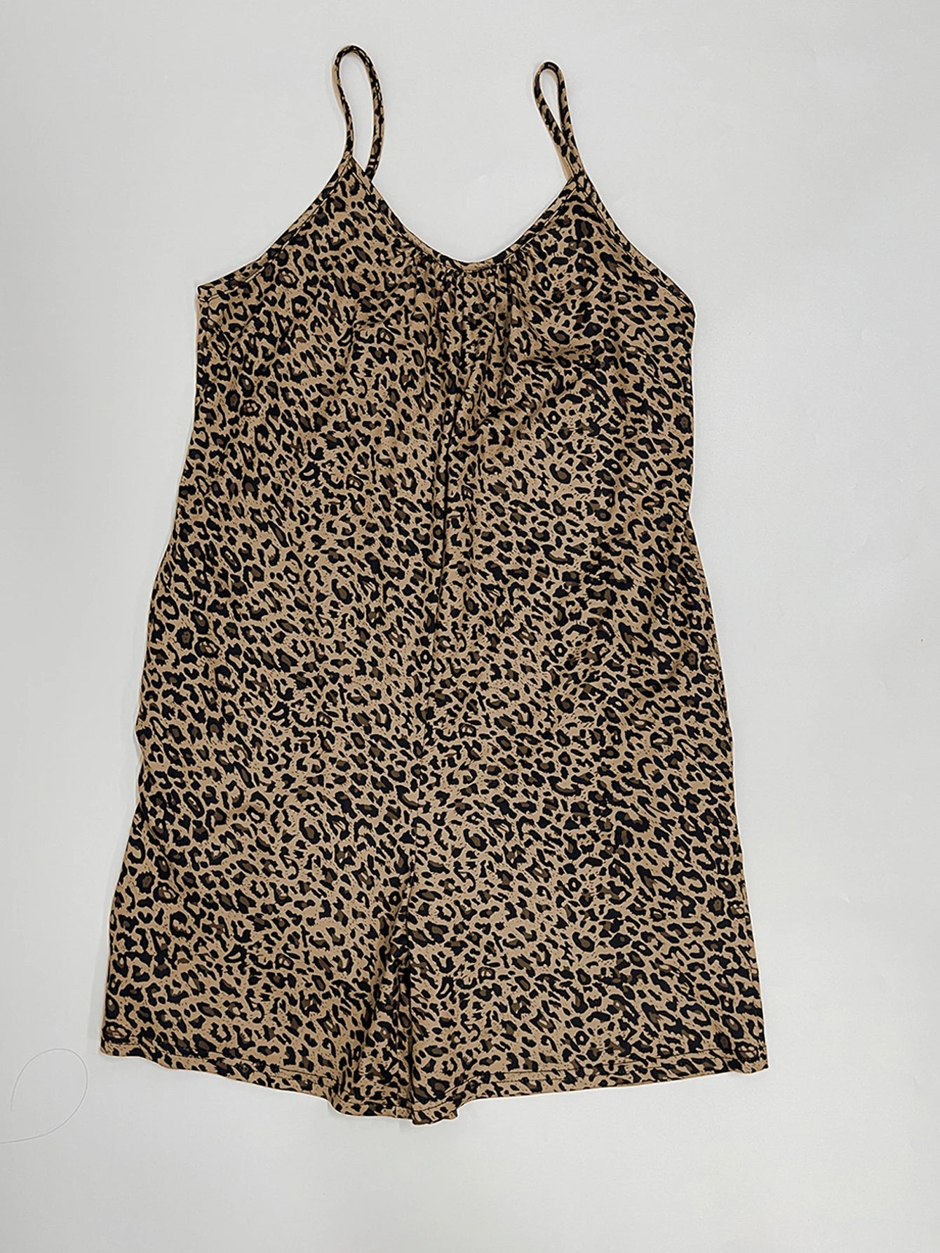 Women's Leopard Print Spaghetti Strap Romper,Loose Short Jumpsuit With Side Pockets,Summer Daily Beach Vacation Outfit