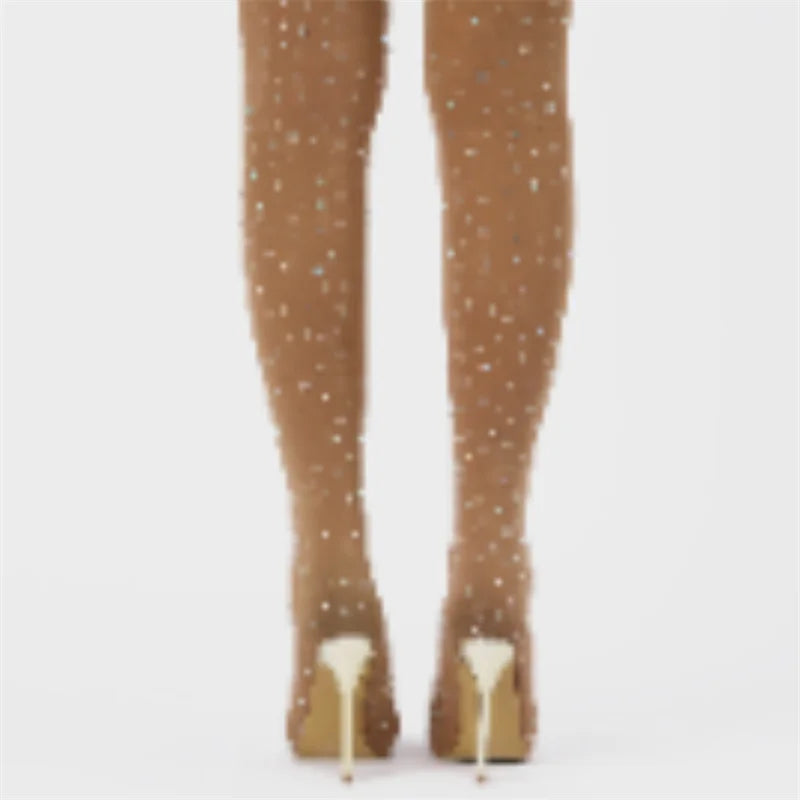 Liyke Sexy Pointed Toe Crystal Rhinestone Stretch Fabric Thigh High Boots Women Thin Heels Over The Knee Socks Shoes Size 35-43