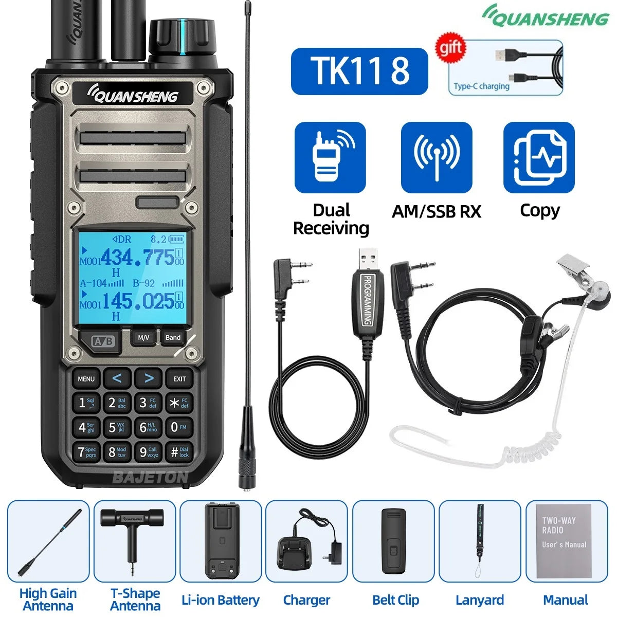 Quansheng TK11 8 Walkie Talkie 10W Dual Receiving PTT AM SSB 27MHz CB CW LSB LW MW SW Type-C NOAA for UV-K5 8 Ham Radio TK-11 5
