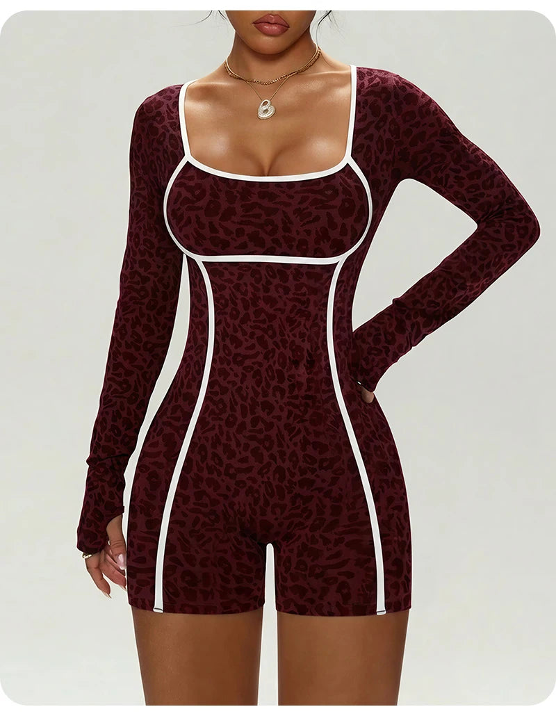 Women's Leopard Print Long Sleeve Yoga Jumpsuit Slim Fit One Piece Workout Romper Shorts Athletic Fitness Bodysuit