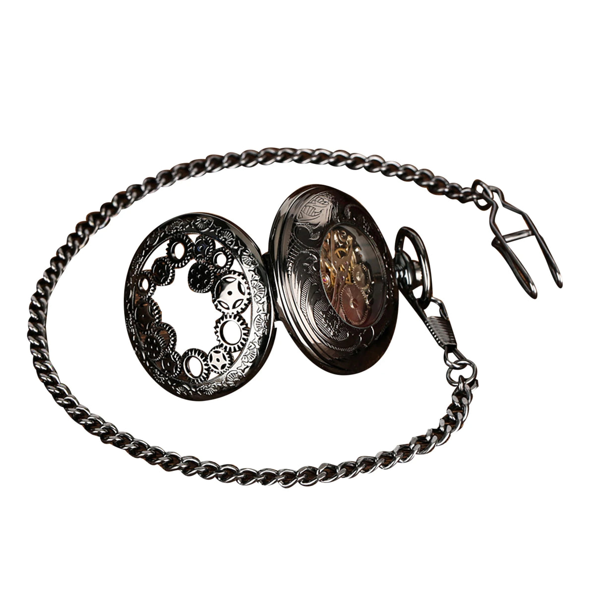Manual Men's Mechanical Pocket Watch Hollow Design Roman Numerals Vintage Metal Pocket Watch Clock Chain Pendant Blue