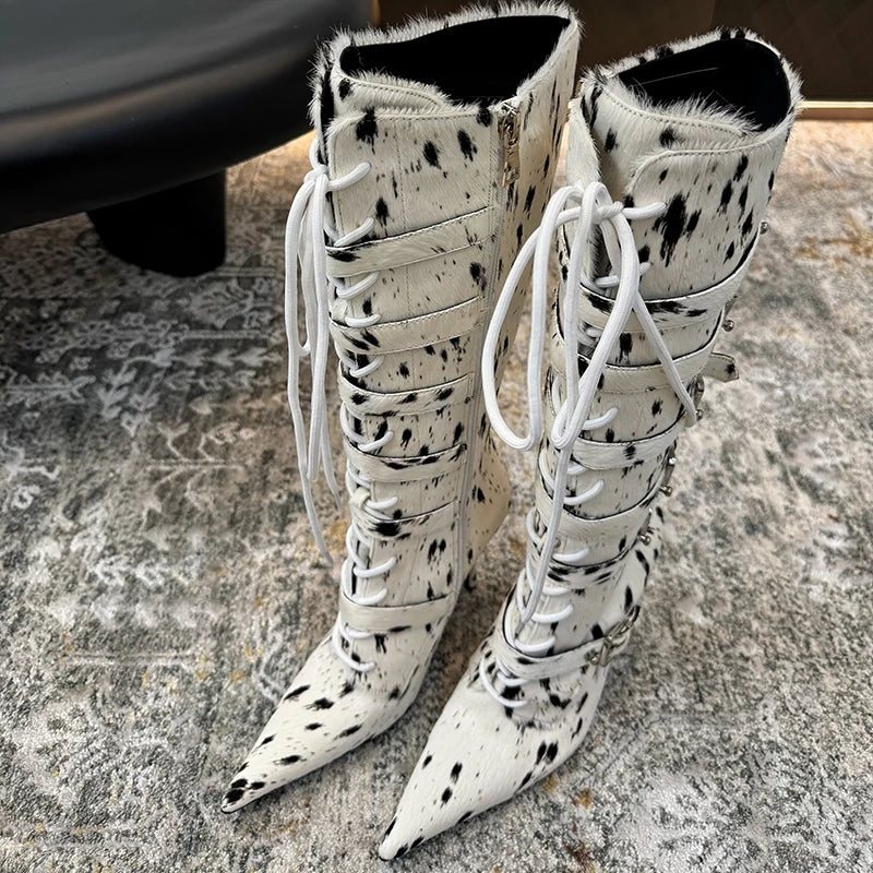 High Qaulity Horsehair Patchwork Thin High Heel Long Boots Women Pointed Toe Lace Up Sexy Fashion Women Boots For 2025 Autumn