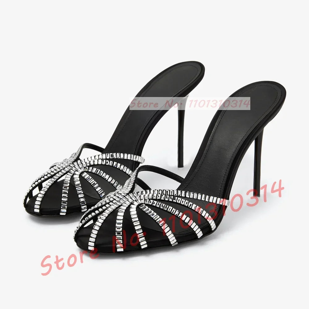 Gemstone High Heel Silk Slippers Women Luxury Caged Stiletto Heels Metallic Slippers Ladies Stylish Cross Strap Summer Shoes