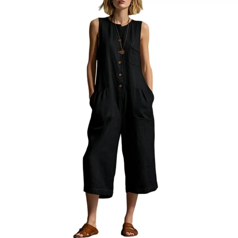 Women Summer Tank Jumpsuit Sleeveless Button Down Cropped Rompers Loose Wide-Leg Overall Pockets Hot Sale