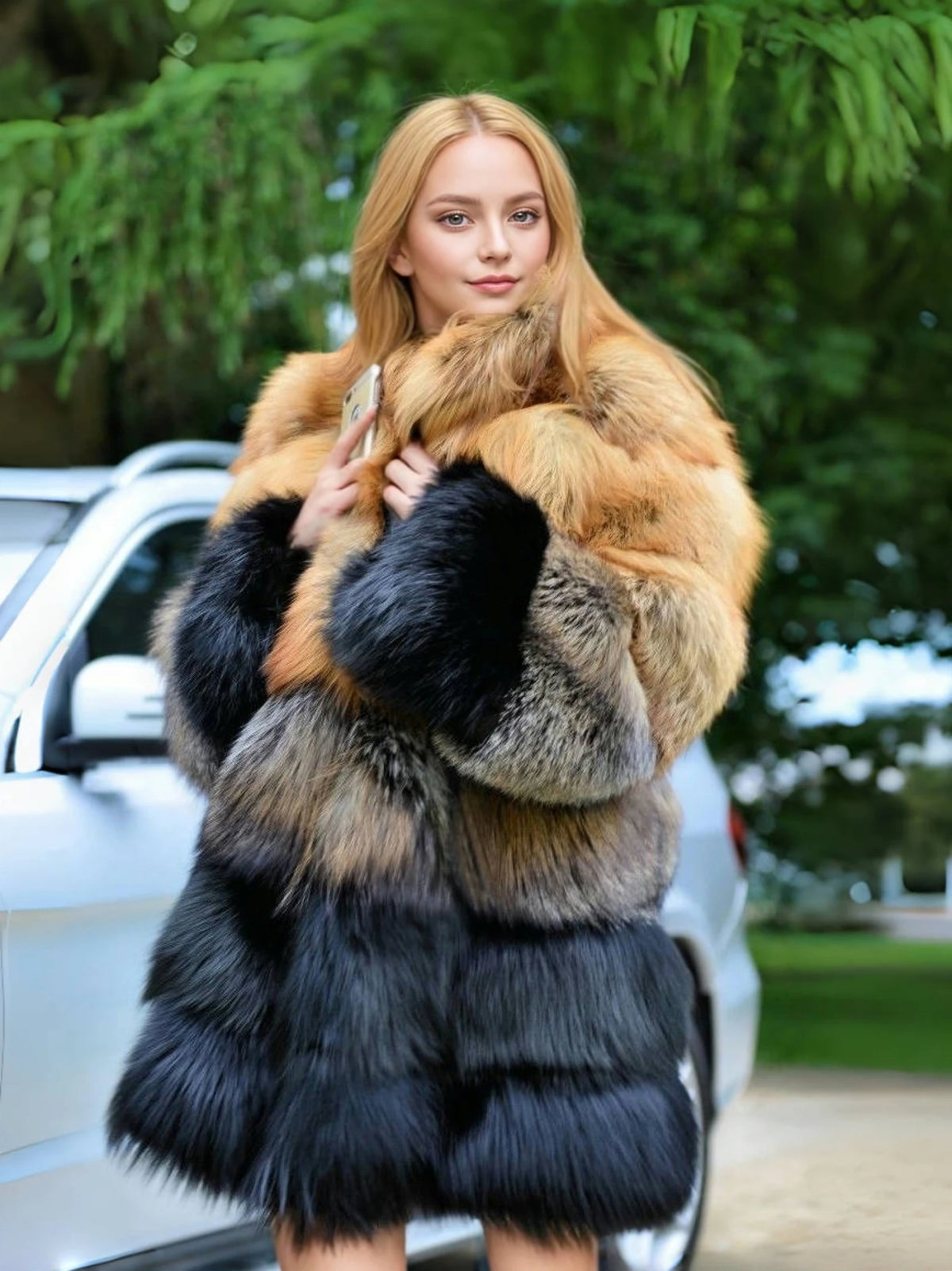 Women Winter Faux Fur Fox Coats mid-length Jackets Furry Outerwear Party Gradient splicing design Thick Warm Coats