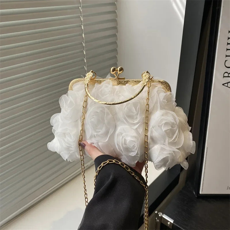 Luxury Women Chain Shoulder Bag Chiffon 3D Flower Banquet Bag Fashion Evening Bags Fashion Clutch Handbag Trendy Crossbody Bag
