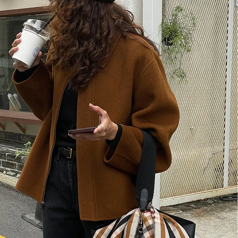 Women Winter Woolen Coat Fall Turn-Down Collar Single Breasted Loose Female Long Sleeve Jacket Office Lady Street Short Coats