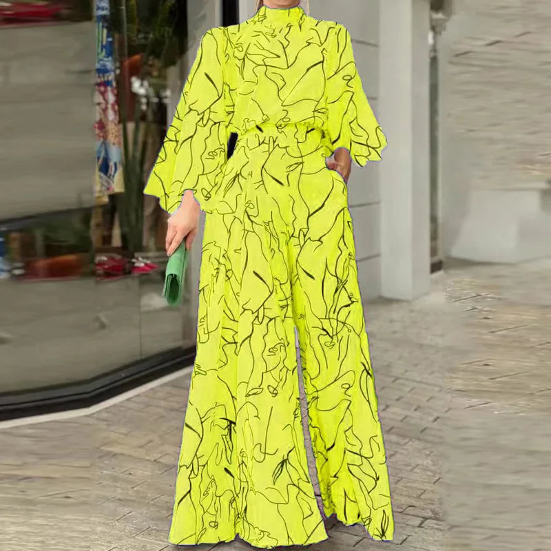 Casual Elegant Jumpsuits Women Autumn New Loose Long Pants Long Sleeve Printed High Waist Wide Leg Jumpsuit Commuting Playsuits