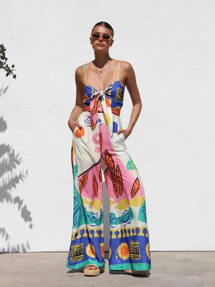Spring Summer Print Spaghetti Strap Jumpsuits Women Fashion Sexy Hollow Out Leace-up High Waist Wide Legs Jumpsuit Bohemian New