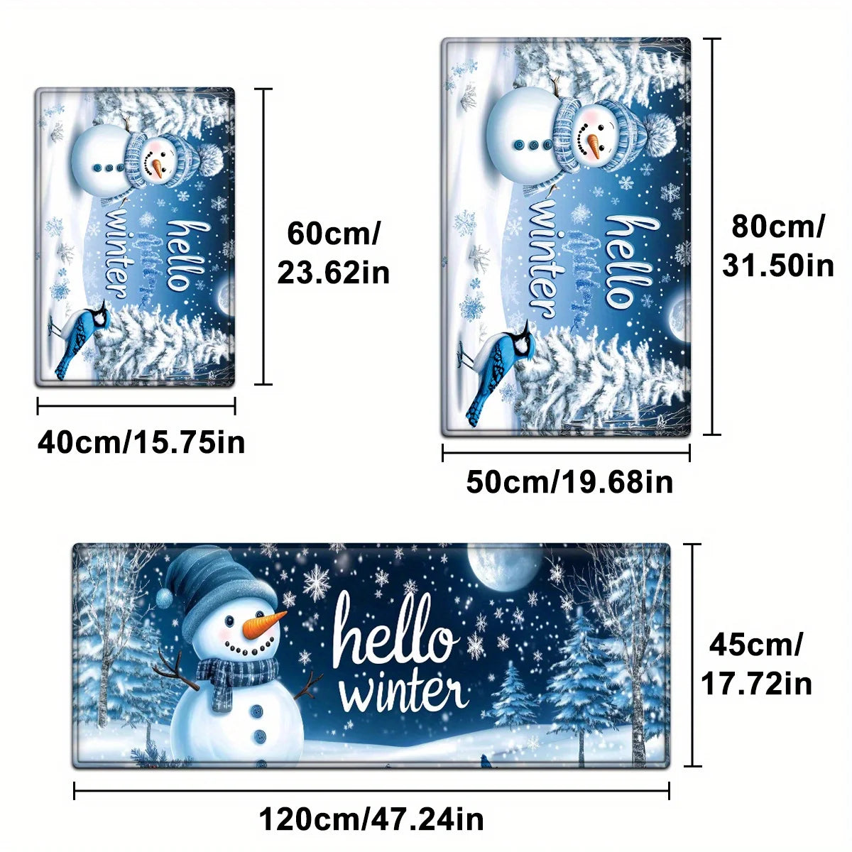 VIKAMA Snowman Forest Bird Snowflake Kitchen Rugs Set Anti Slip Washable Runner for Winter Holiday Kitchen Floor Decor