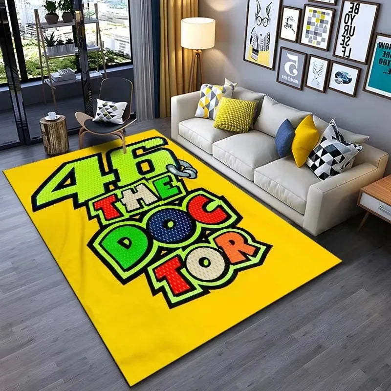 Motorcycle Racer The Doctor Carpet Mat Black Yellow Racing Track Living Room Rug with Number 46 Dynamic Design Home Decoration