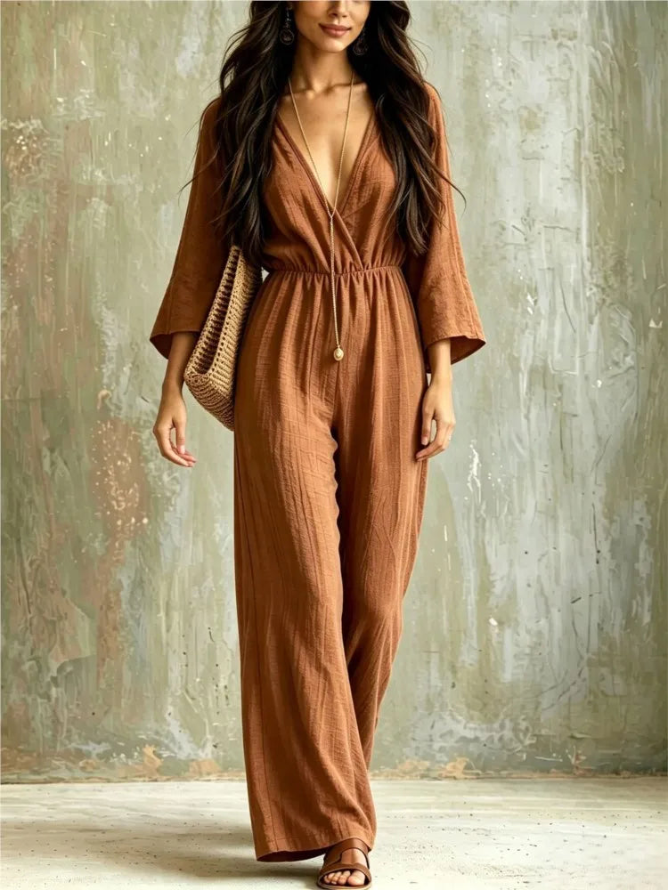 Women Sexy Deep V Neck Flare Sleeve Jumpsuits Spring Autumn Solid Crinkle High Waist Loose Casual Holiday Wide Leg Pants Romper