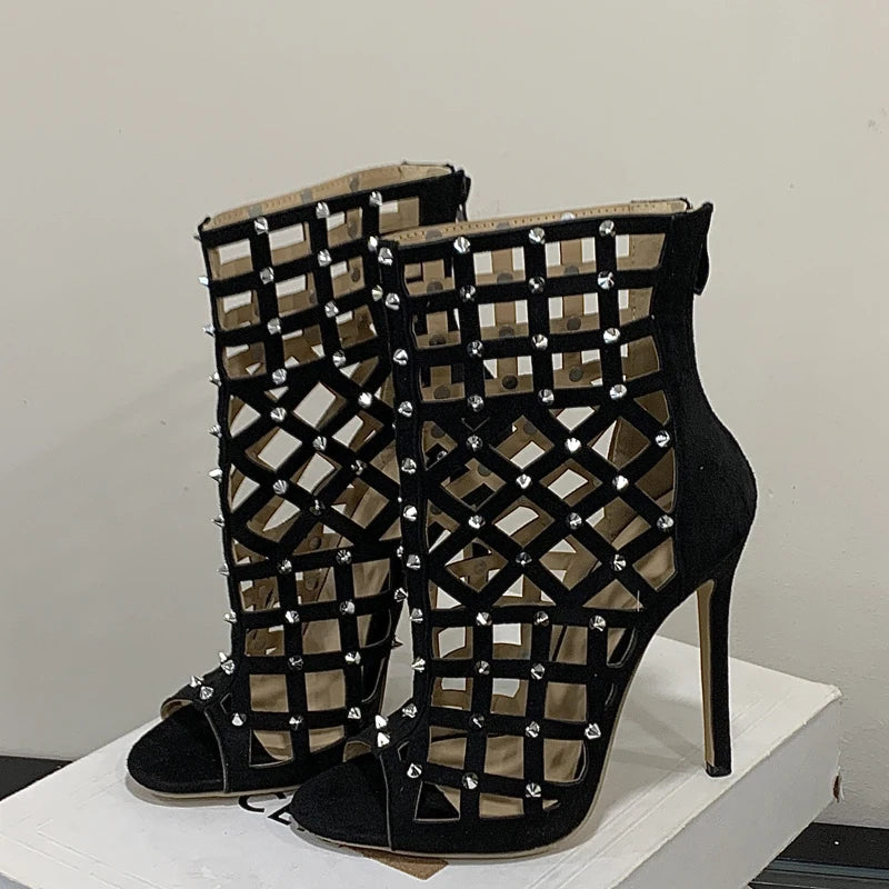 Eilyken 2026 New Street Design Rivet Hollow Out Zipper Ankle Boots Women Sandals Thin Heels Prom Ladies Shoes Botas Mujer